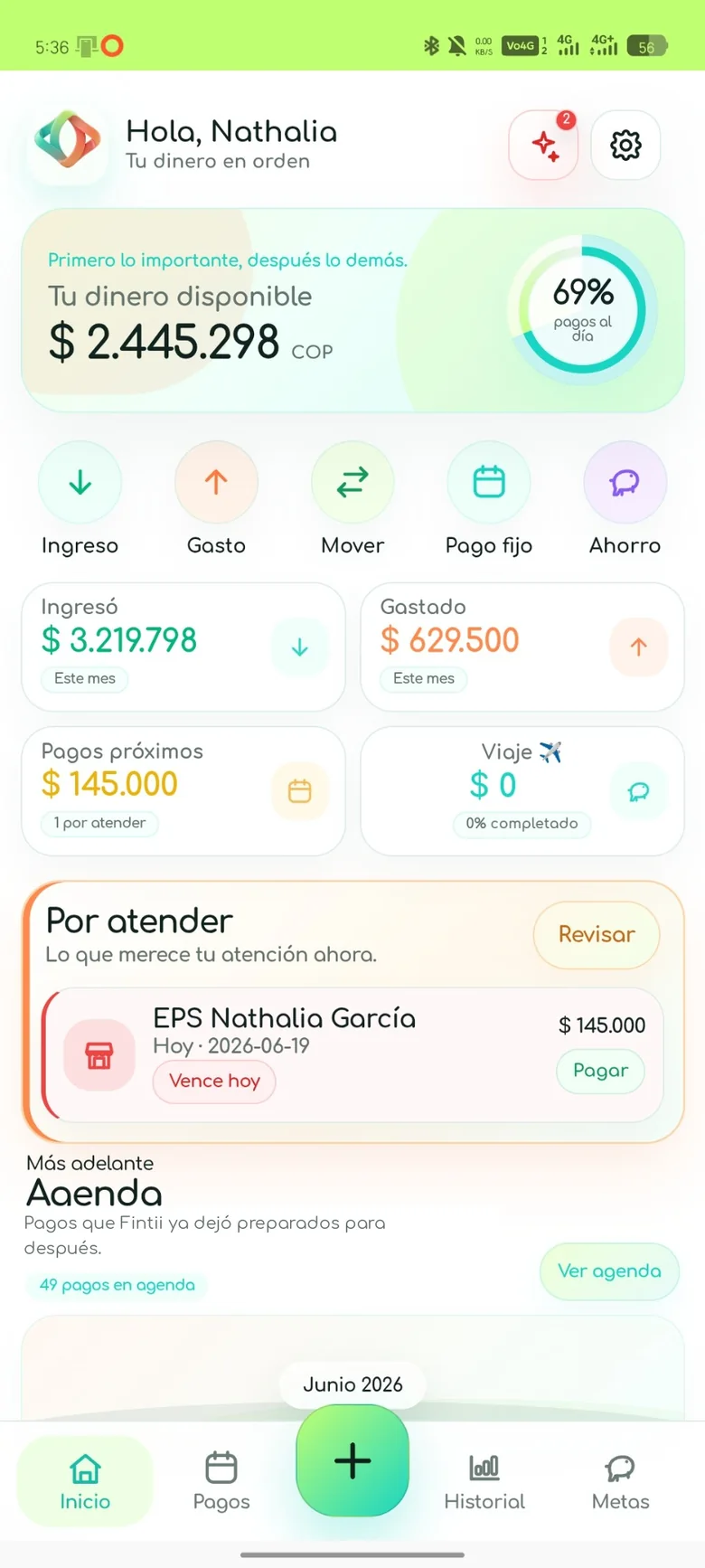 Pantalla de inicio de Fintii con dinero disponible, pagos y agenda